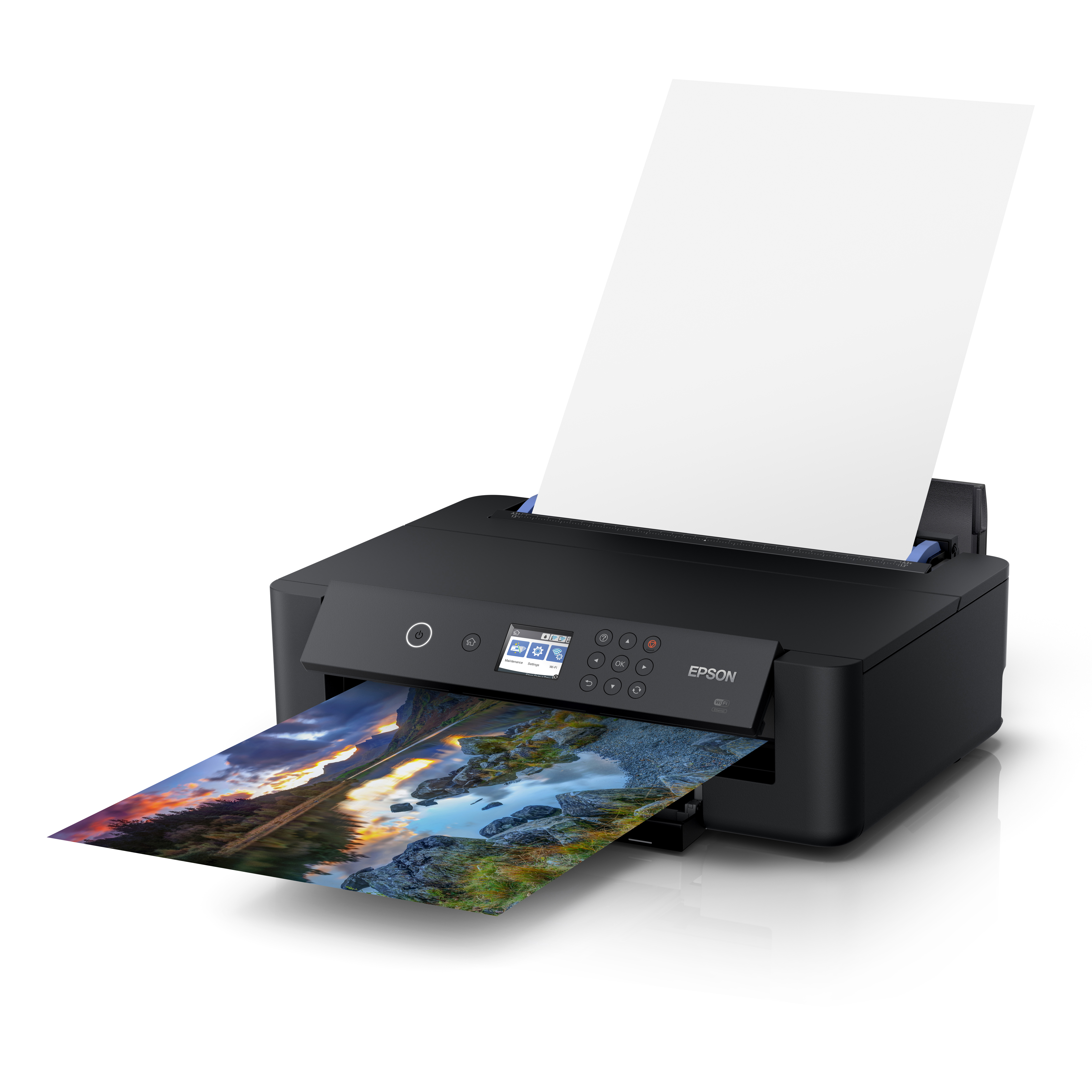 Ein schwarzer Epson Drucker mit einem Foto, das eine Berglandschaft zeigt.