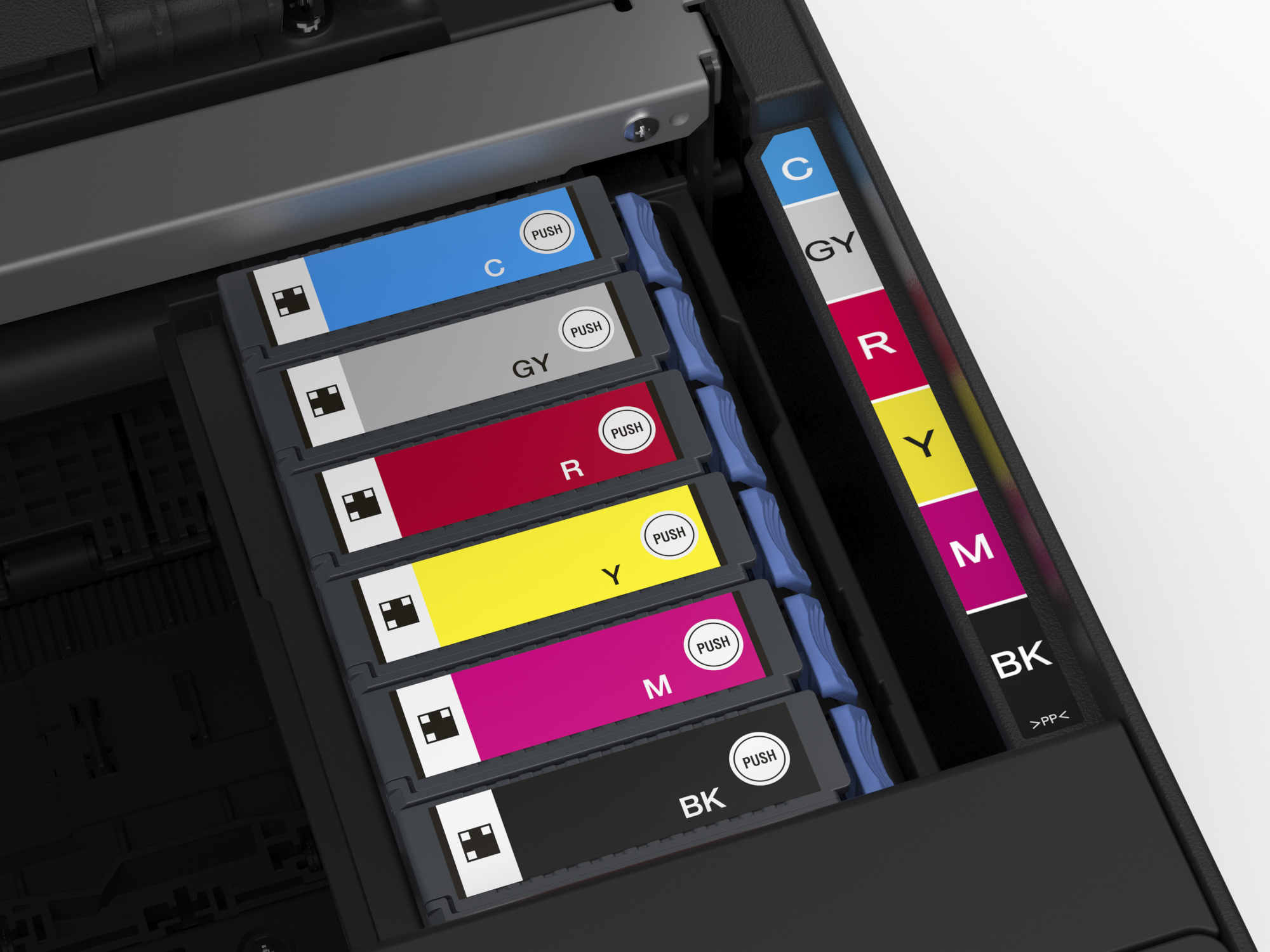 Druckerpatronen: Cyan, Grau, Rot, Gelb, Magenta, Schwarz sind eingelegt.