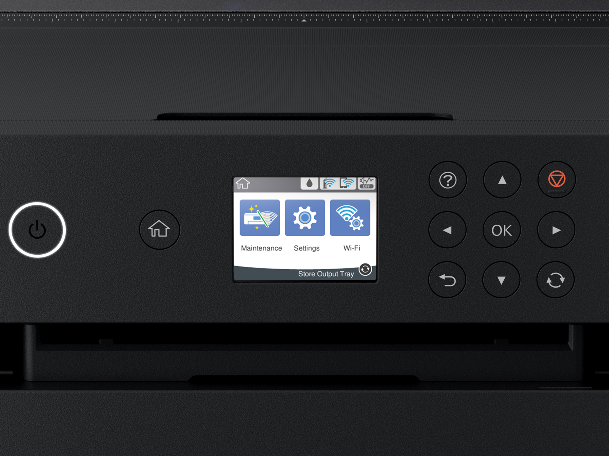Drucker-Bedienfeld mit Touchscreen, Power-Taste und Navigationsknöpfen.