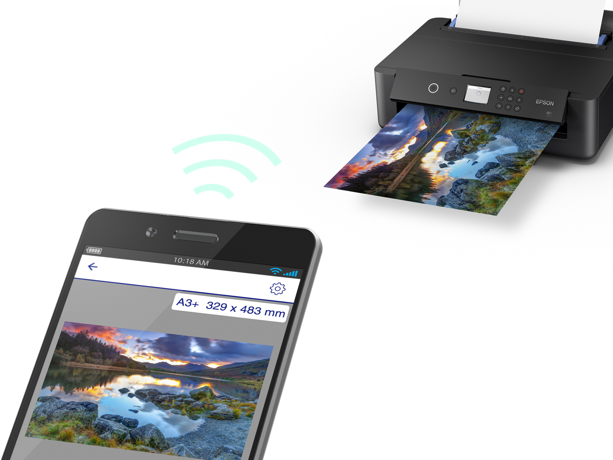 Ein Smartphone sendet über WLAN ein Bild an einen Epson-Drucker, der das Bild ausdruckt.