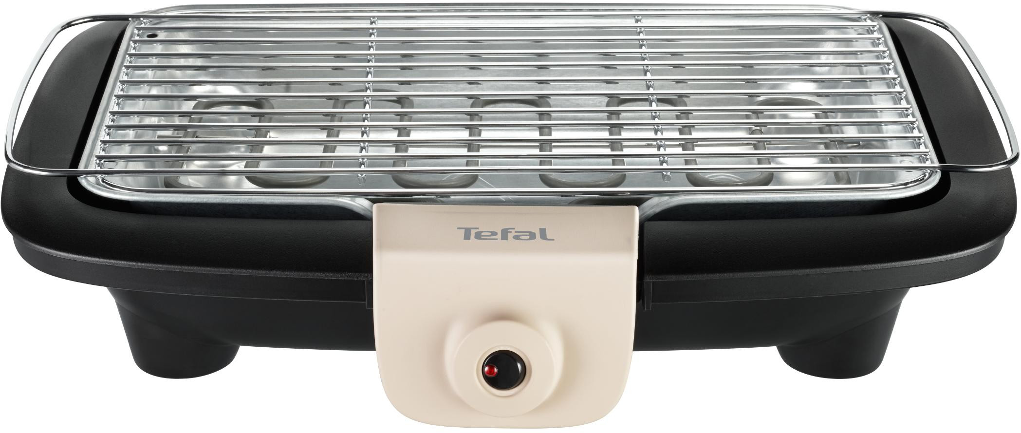 Tefal elektrische grill met een zwarte basis, roestvrijstalen grill en een crèmekleurig bedieningspaneel.