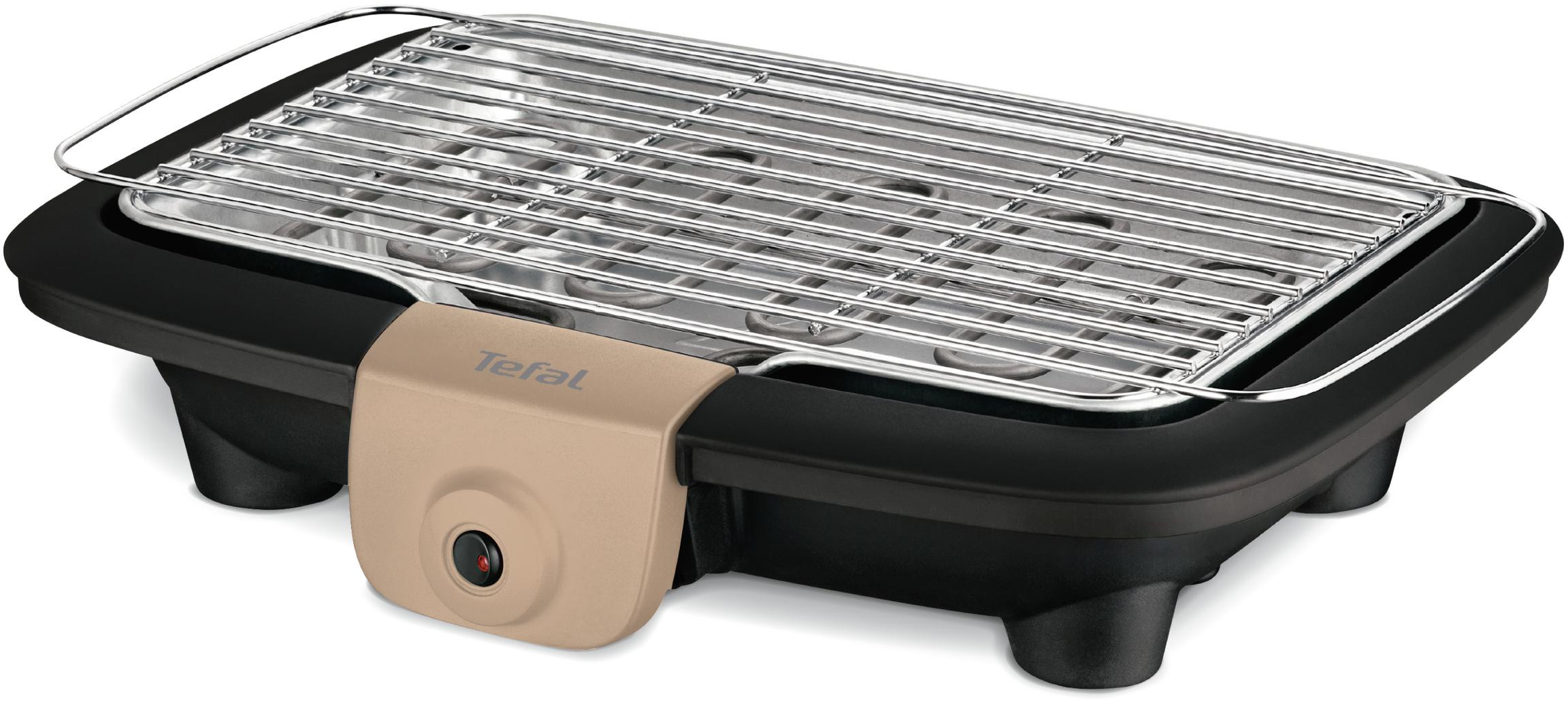 Een elektrische grill met een zwarte basis, een beige bedieningspaneel en een zilveren grilloppervlak.