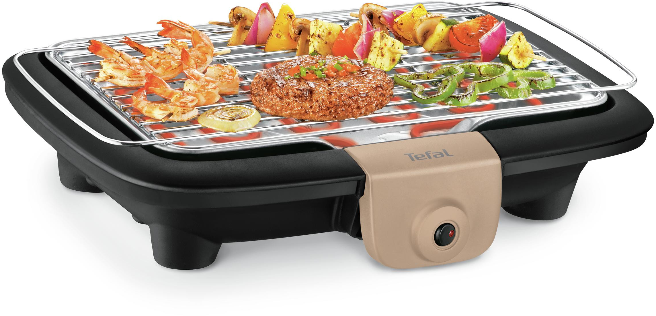 Elektrische grill met diverse gerechten. Inclusief garnalen, groenten en een hamburger.