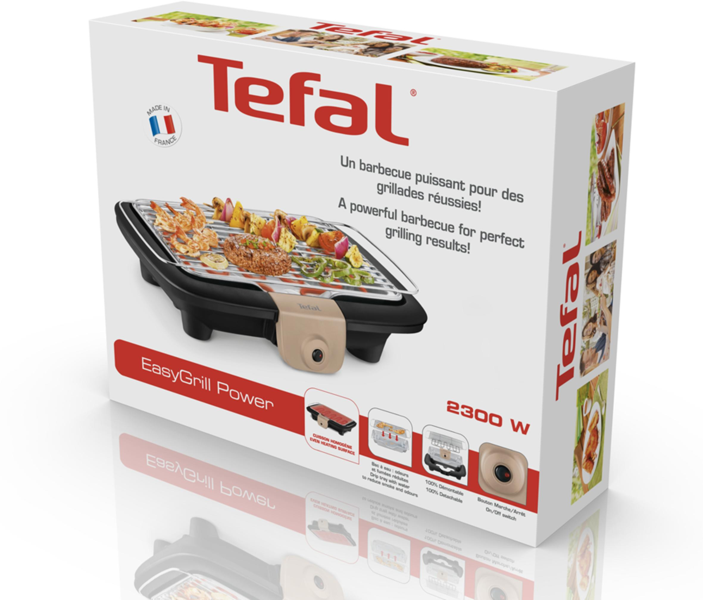 Tefal EasyGrill Power-doos, met een grill en gekookt voedsel, op een wit oppervlak.