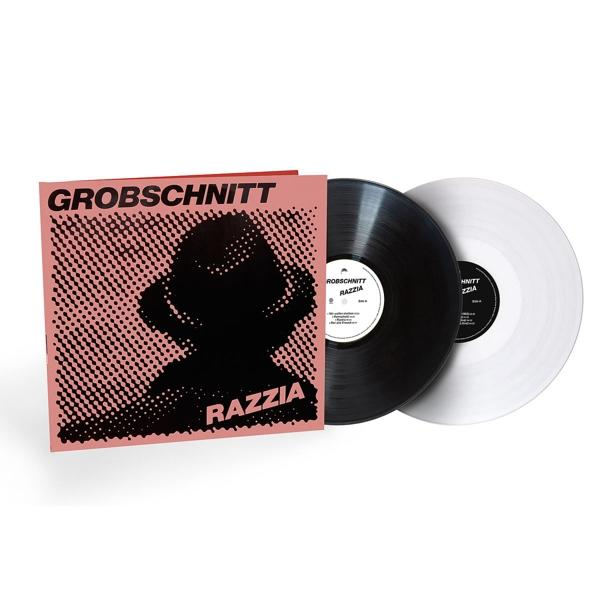 Albumcover mit pinkem Hintergrund, schwarzer Silhouette und zwei Vinylplatten.