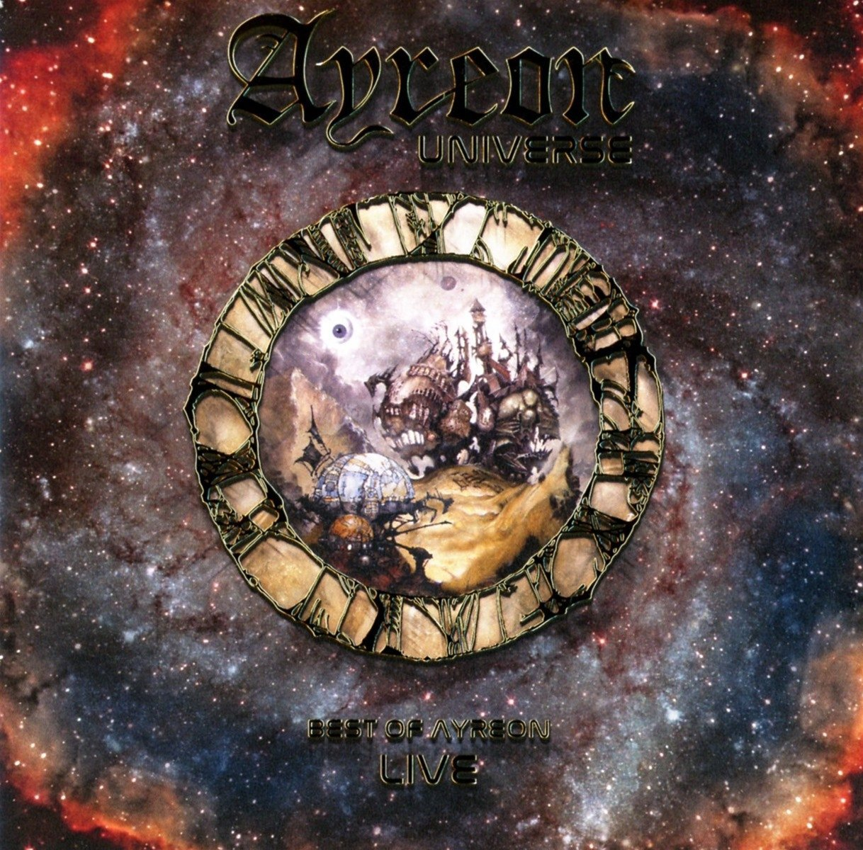 Az 'Ayreon Universe' album borítója. Egy kör alakú kép tájjal és csillagokkal. A háttér egy köd.