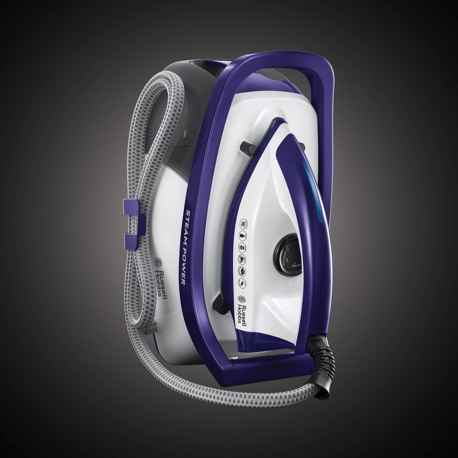 Egy Russell Hobbs gőzállomásos vasaló, fehér és kék, szürke tömlővel és lila tartóval.