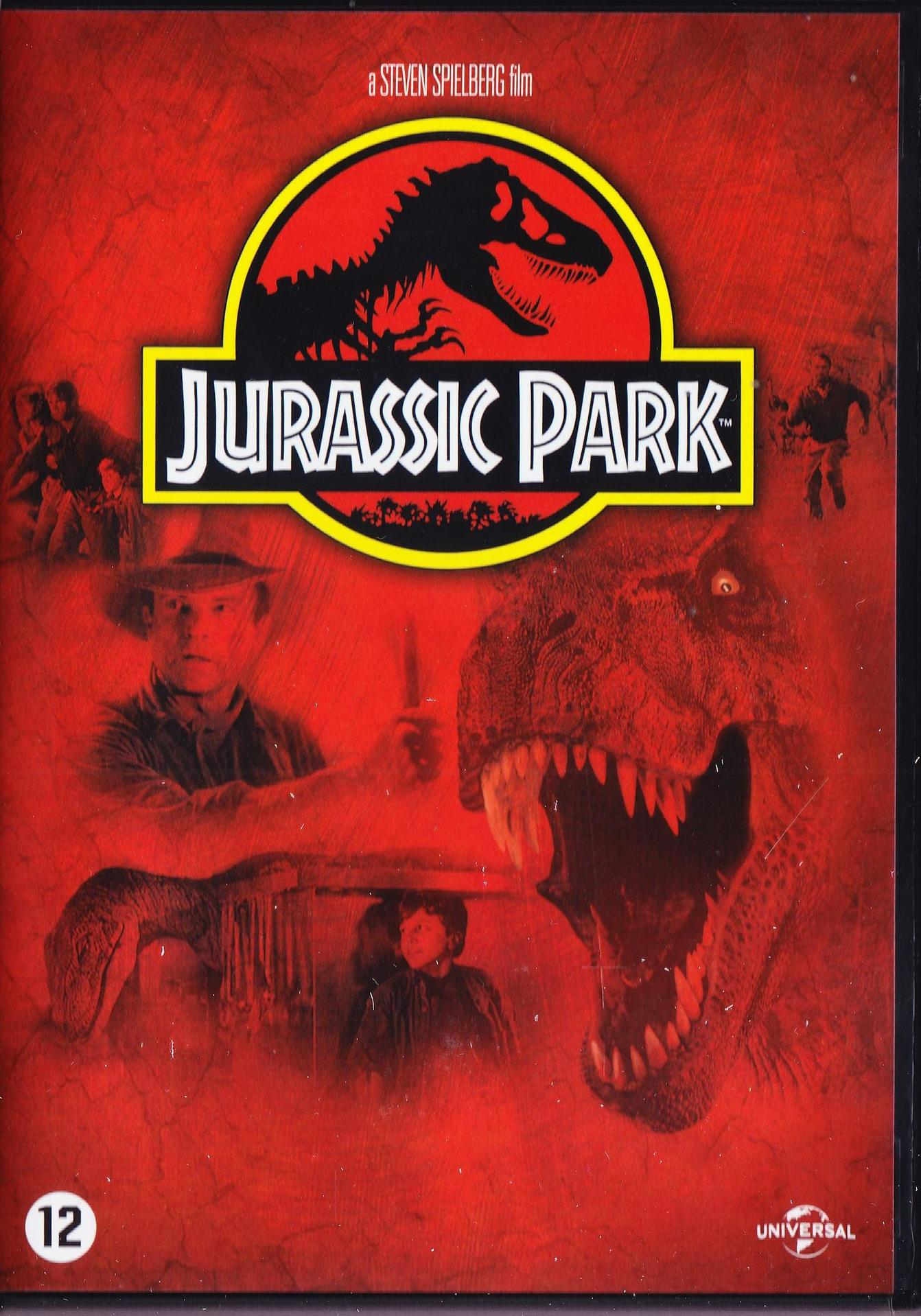 Couverture DVD : Jurassic Park. Dinosaures, personnes et le logo Jurassic Park sont visibles.