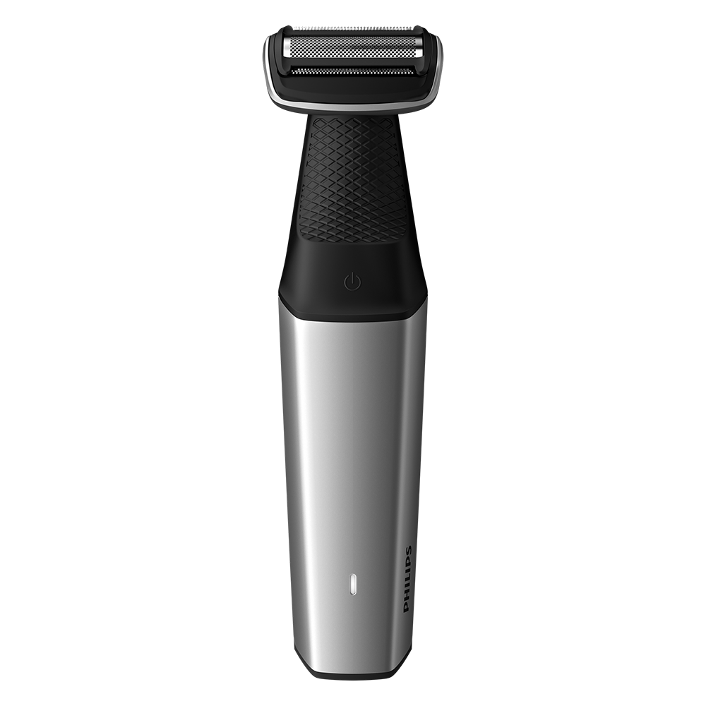 Zilverzwarte Philips bodygroomer. Zwarte handgreep met aan/uit-knop, scheerkop bovenop.