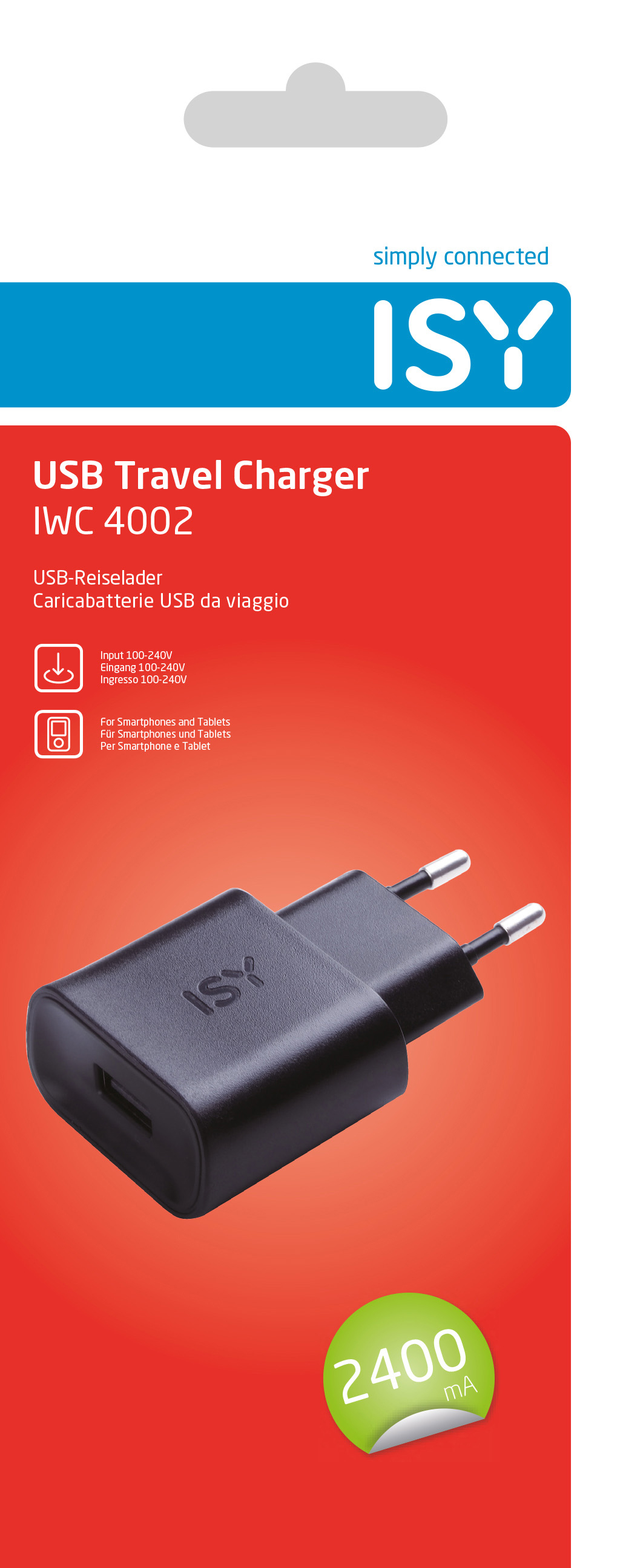 Schwarzes USB-Reiseladegerät mit rotem und weißem Hintergrund und einem ISY-Etikett.
