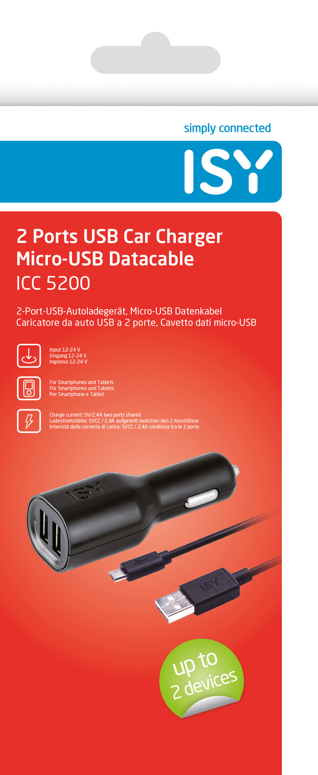 ISY USB-Autoladegerät mit zwei Anschlüssen und Micro-USB-Datenkabel in roter Verpackung.