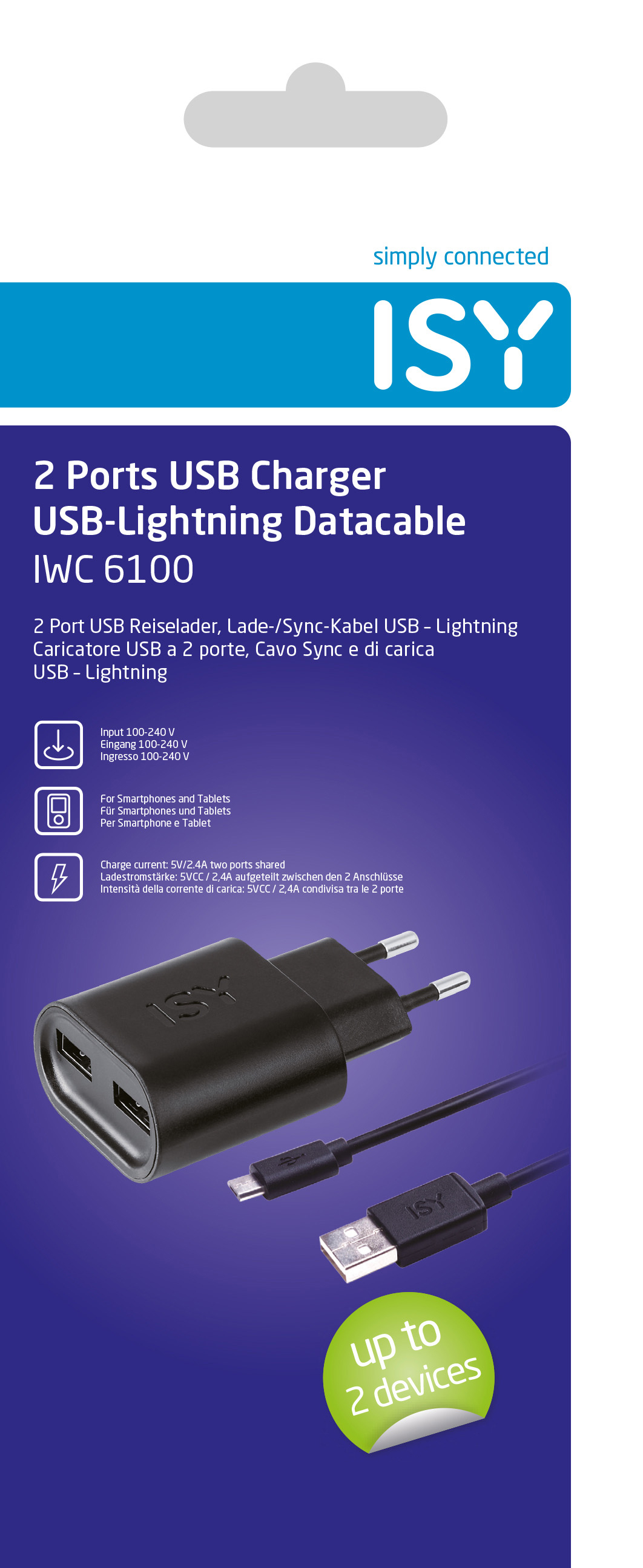 Paket mit USB-Ladegerät und USB-Lightning-Kabel, mit der Marke ISY.