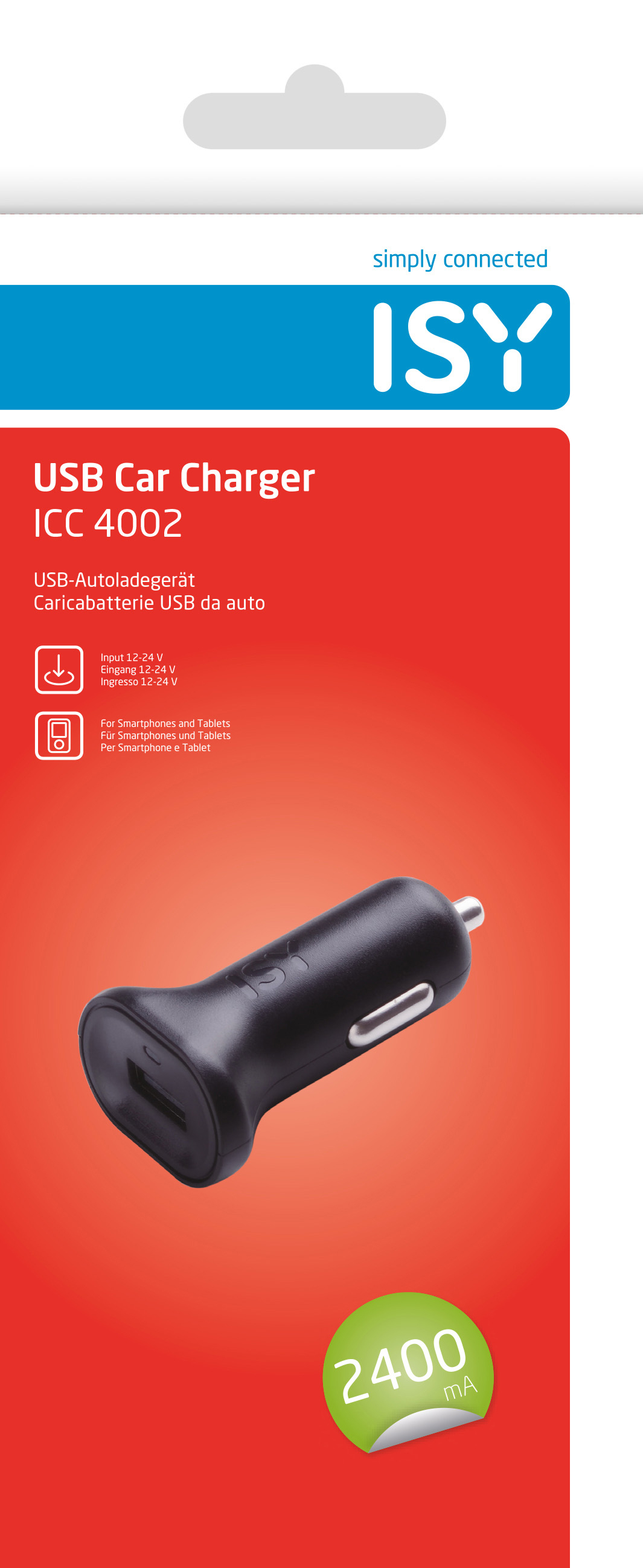 Schwarzes USB-Autoladegerät in einer weiß-roten Verpackung. Es ist ein USB-Autoladegerät.