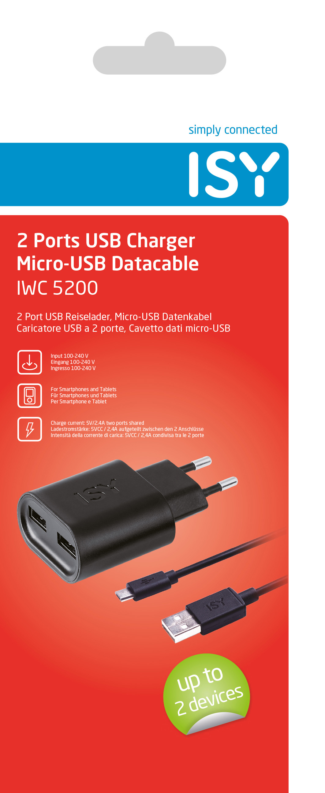 ISY IWC-5200 HOME 2XMIC-USB 2.4A -  Ladegerät + Micro USB Kabel (Schwarz)