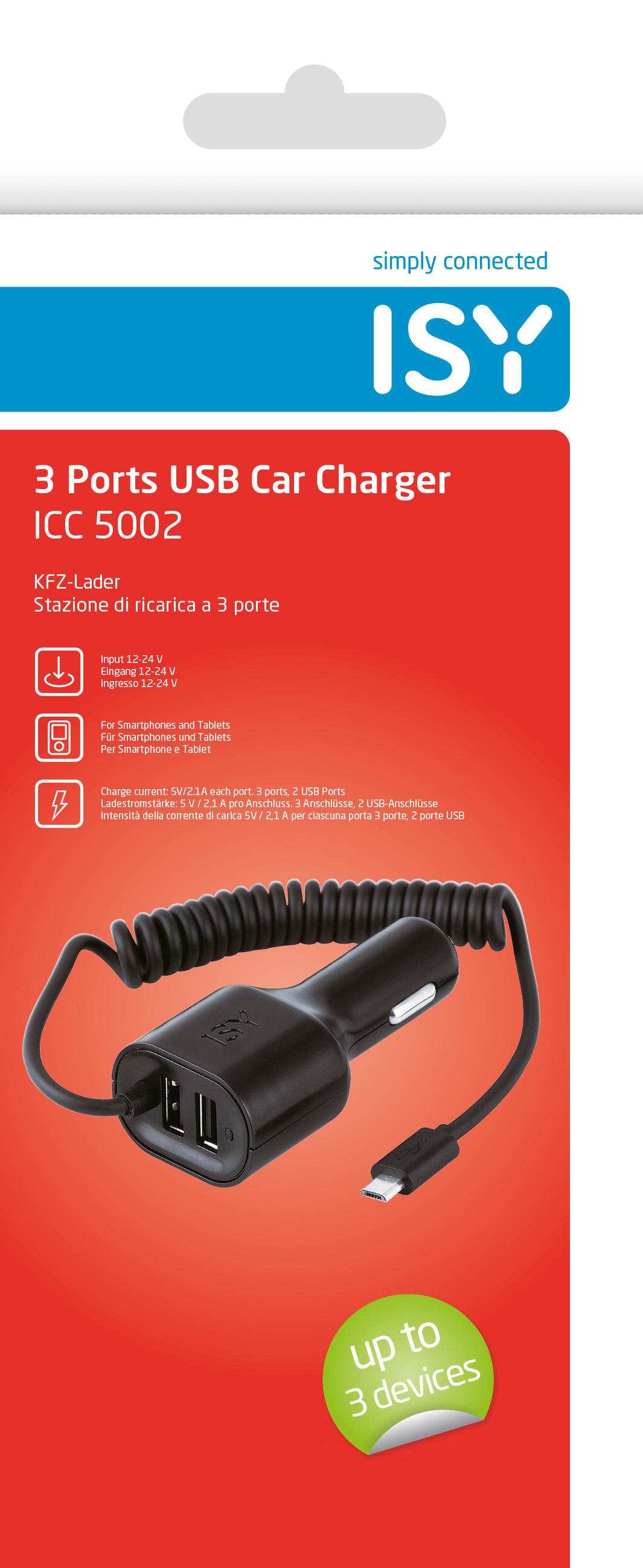 Autoladegerät mit drei USB-Anschlüssen. Schwarz mit Spiralkabel. Grüner Aufkleber: bis zu 3 Geräte.