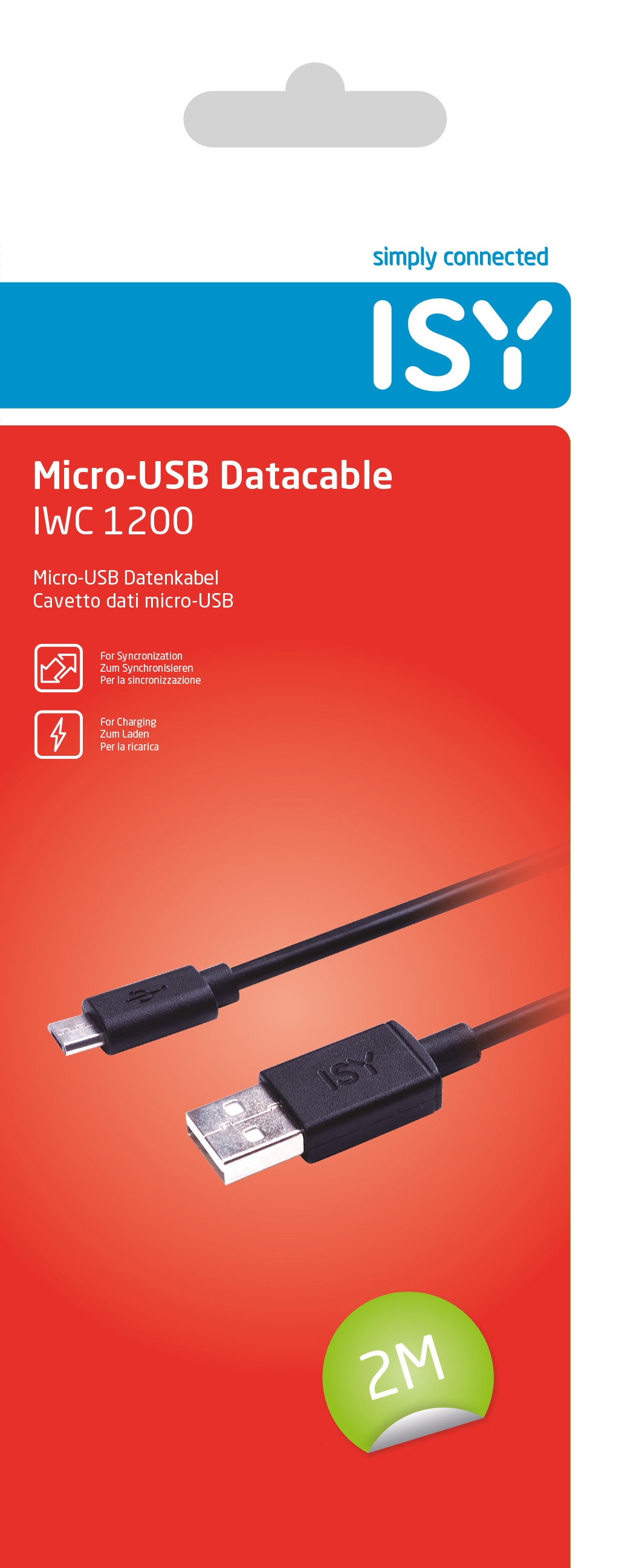Micro-USB-Datenkabel in der Verpackung. Das Kabel ist schwarz mit ISY-Logo. Der Hintergrund ist rot.