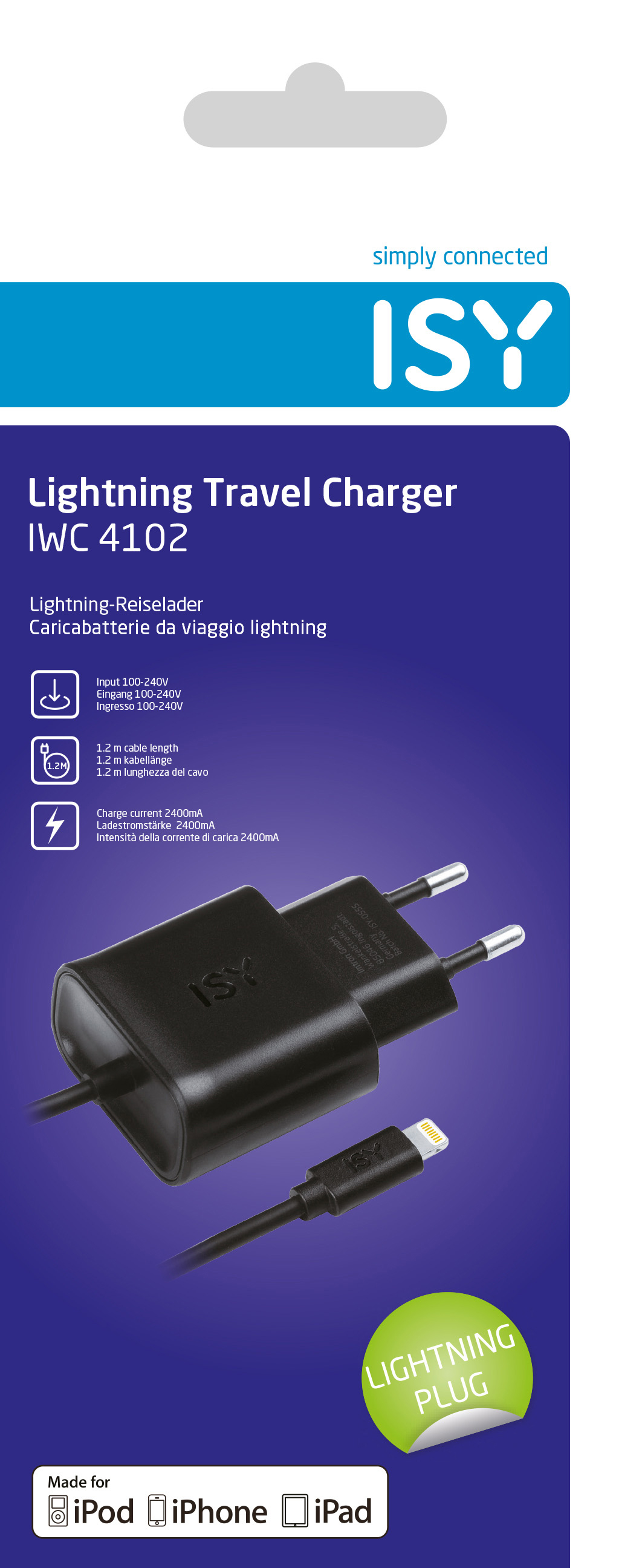 Ein schwarzes ISY Lightning Travel Charger mit Ladekabel und Lightning-Plug-Aufkleber.