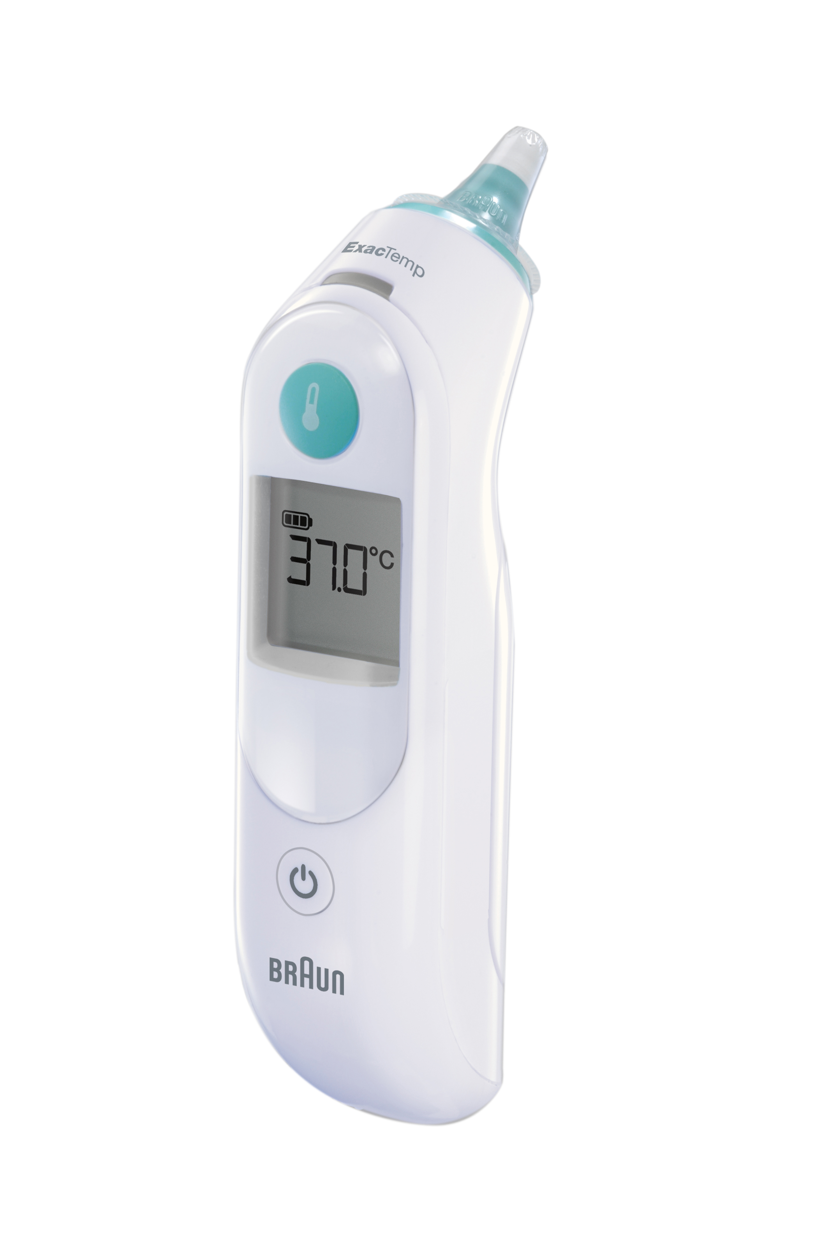 Weißes Braun Ohrthermometer mit Anzeige von 37,0 Grad Celsius.