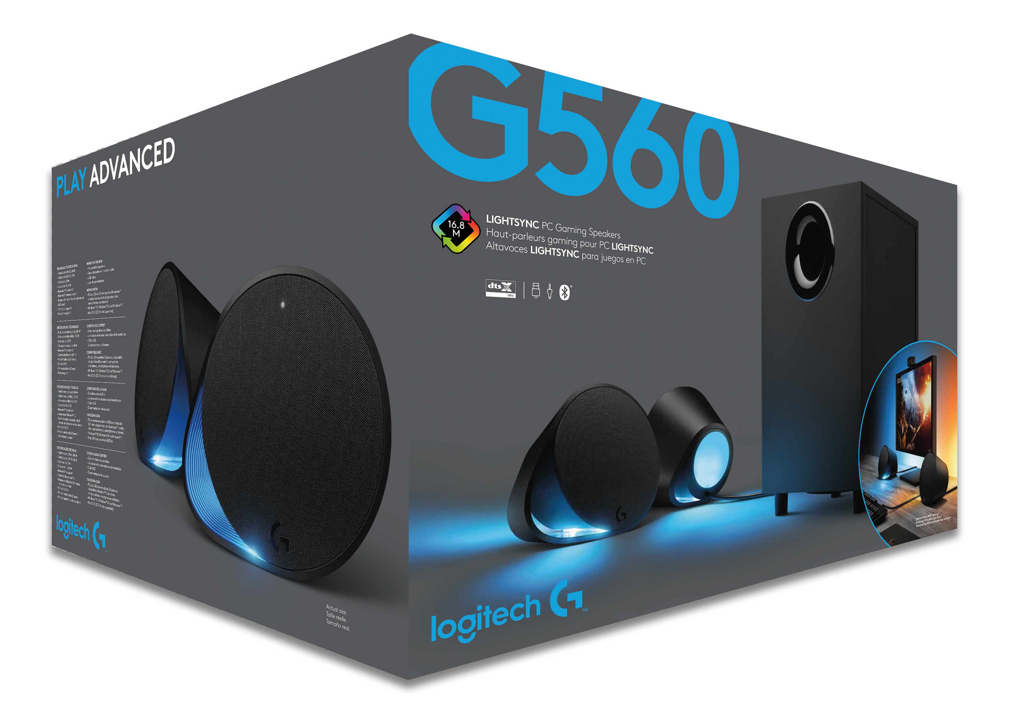 Logitech G560 speakers box. Two satellite speakers and subwoofer with blue lights. Black background.