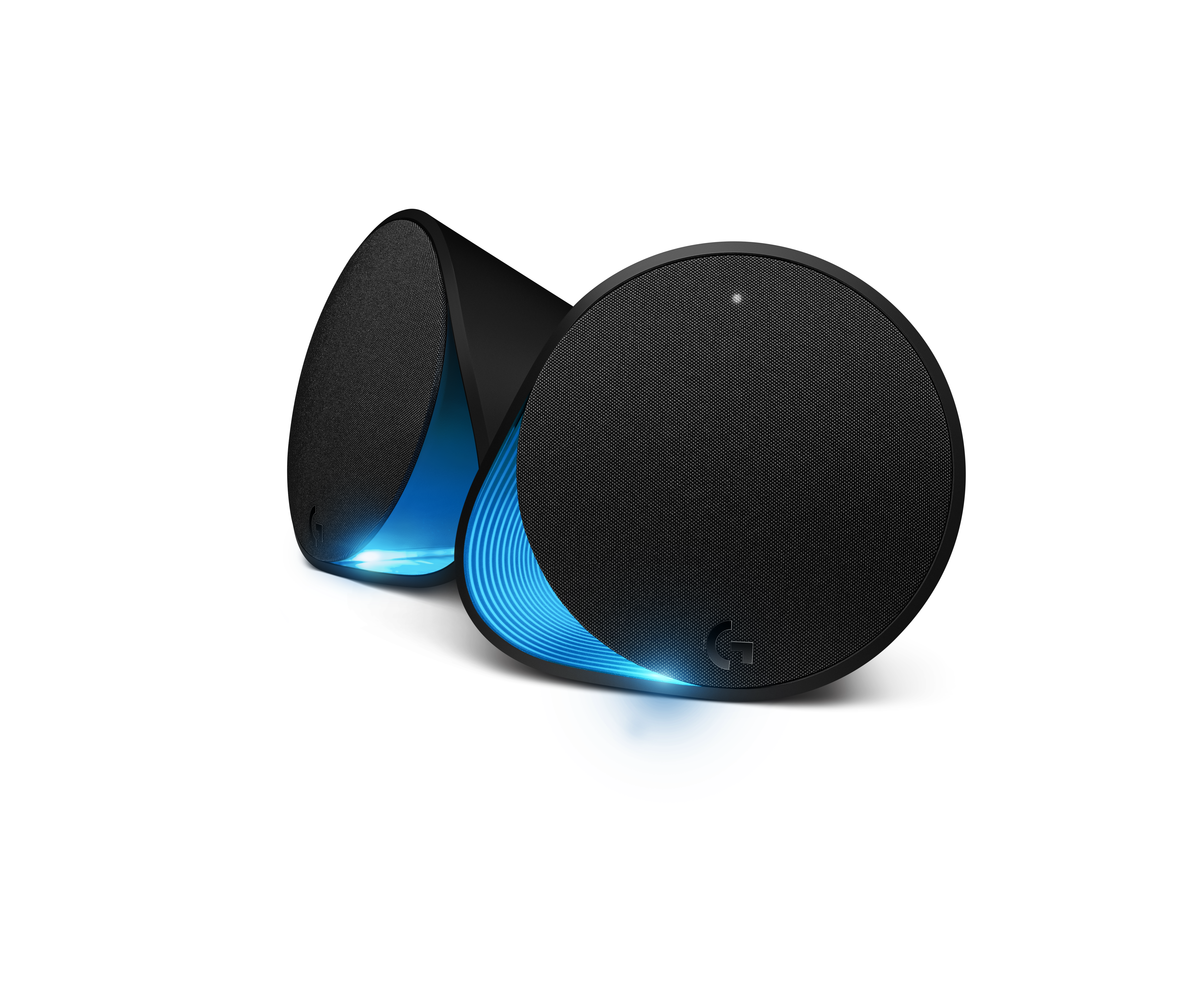 Two black speakers, cone-shaped with round front covers, blue light glows from sides.