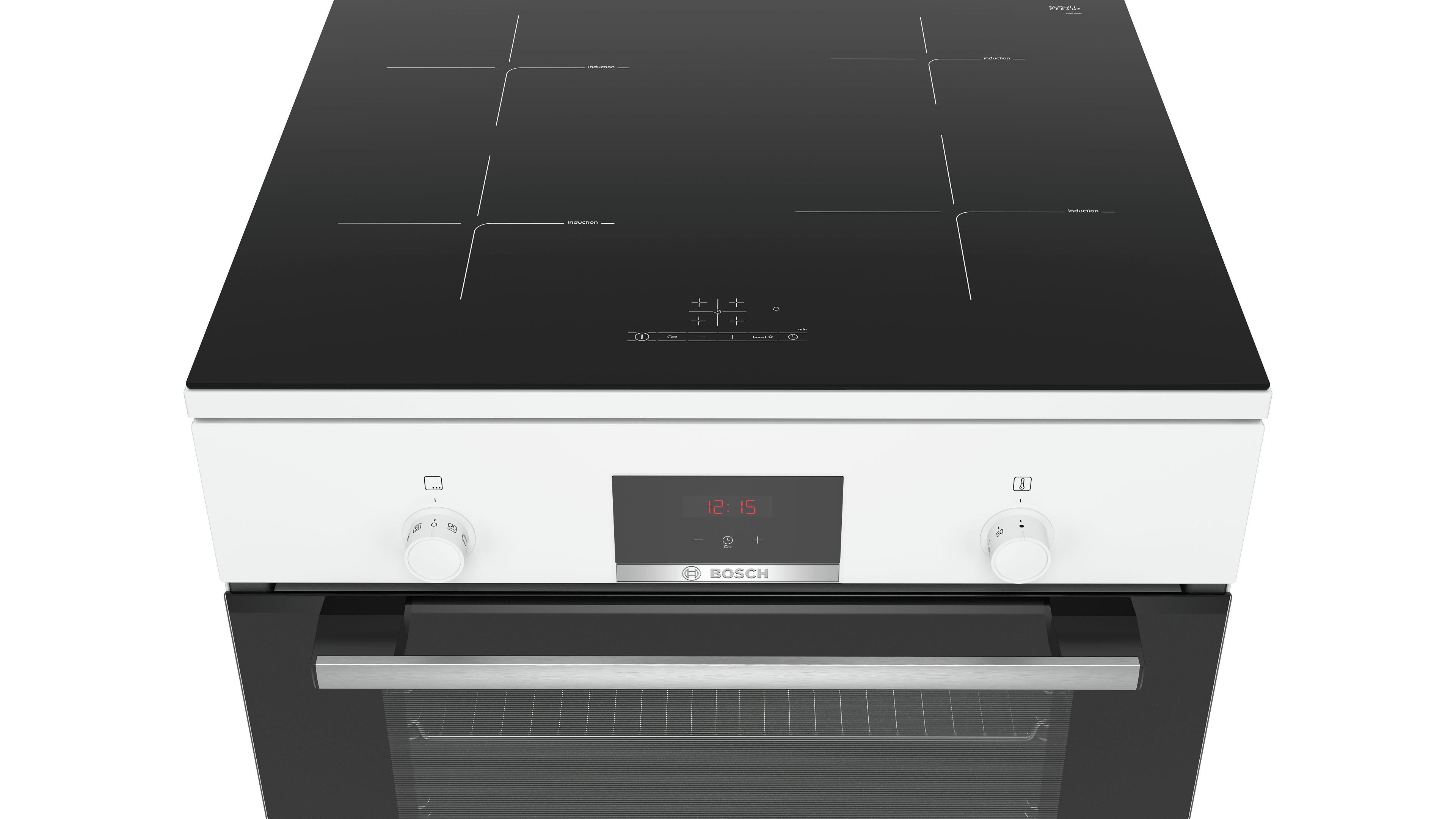 Wit en zwart ingebouwde oven en kookplaat, met digitale display en knoppen.
