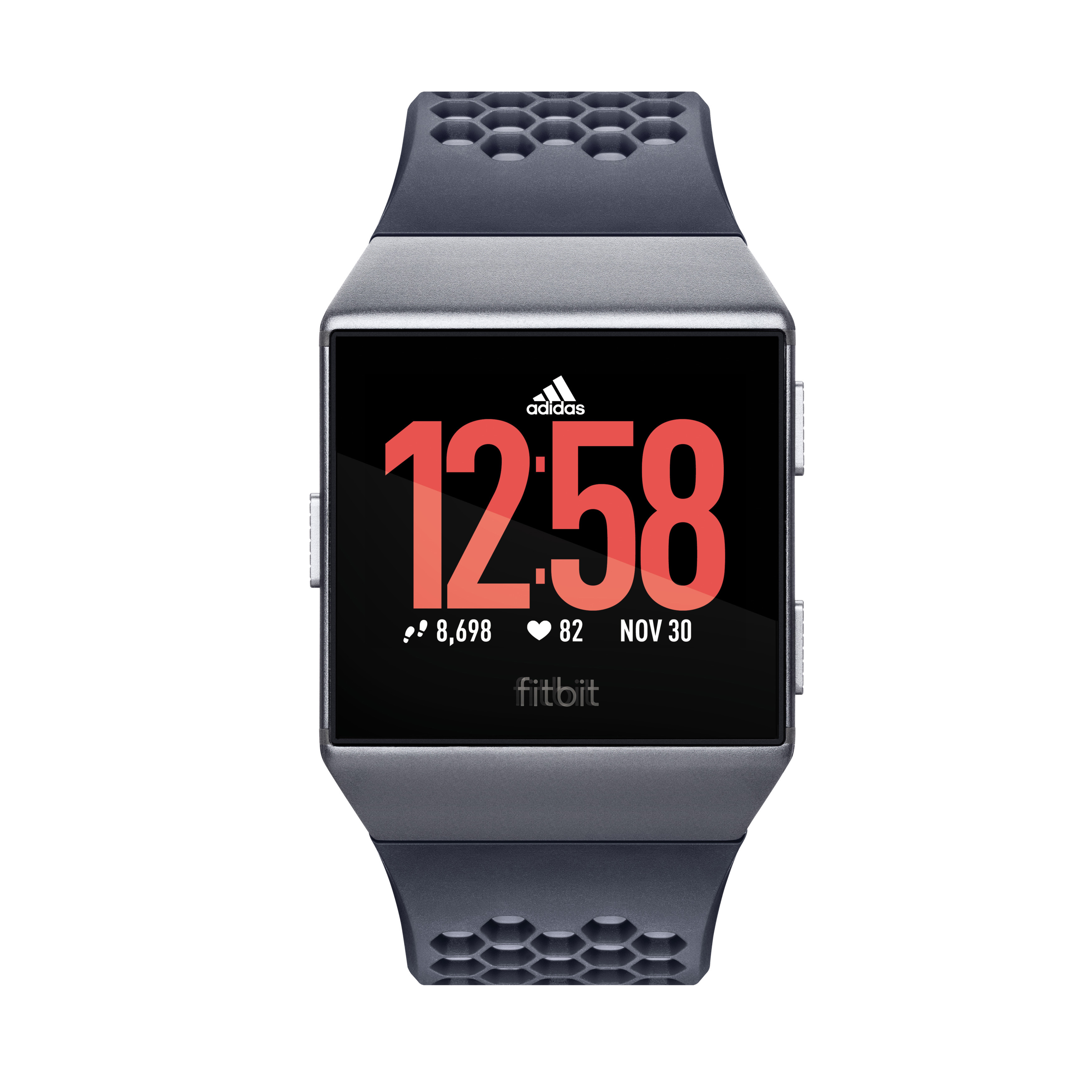Adidas Fitbit Smartwatch. Bildschirm zeigt Zeit 12:58, Schritte 8.698, Herzfrequenz 82 und Datum 30. NOV. Schwarz und grau.