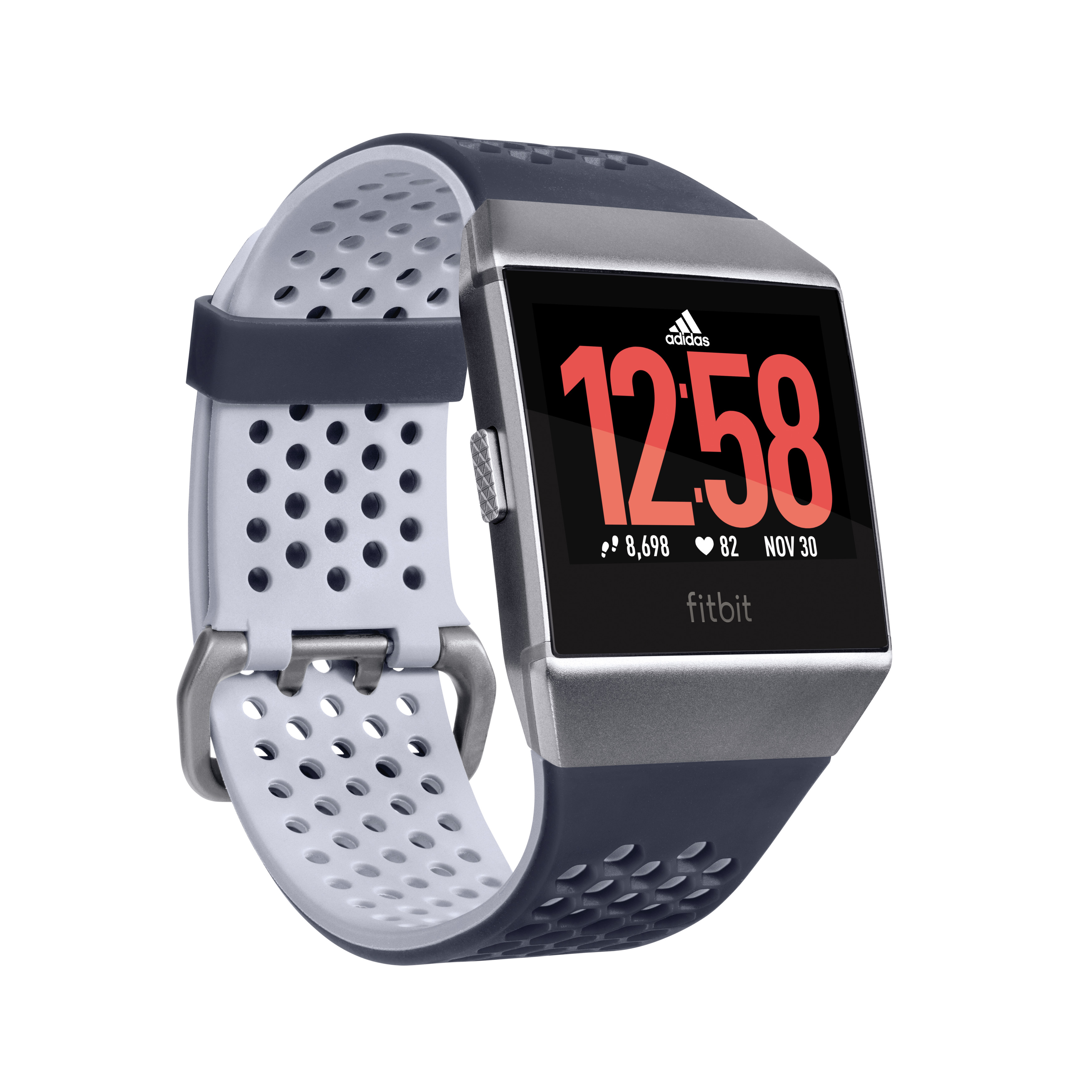Adidas Fitbit Smartwatch. Schwarzes und graues Armband, schwarzer Bildschirm mit Zeit und Daten.
