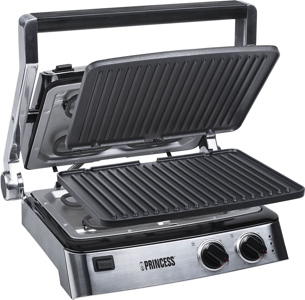 Silver and black Princess panini press with open lid.  Grill plates are visible.