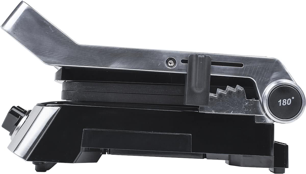 Black and silver panini press with a handle, showing the 180-degree angle setting.