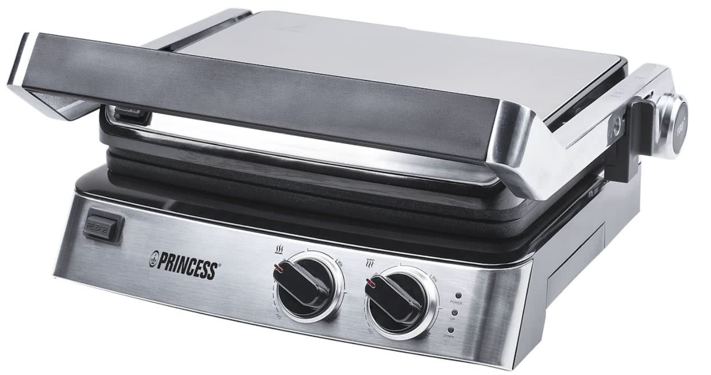 A stainless steel grill with control knobs and a black handle, isolated on white.