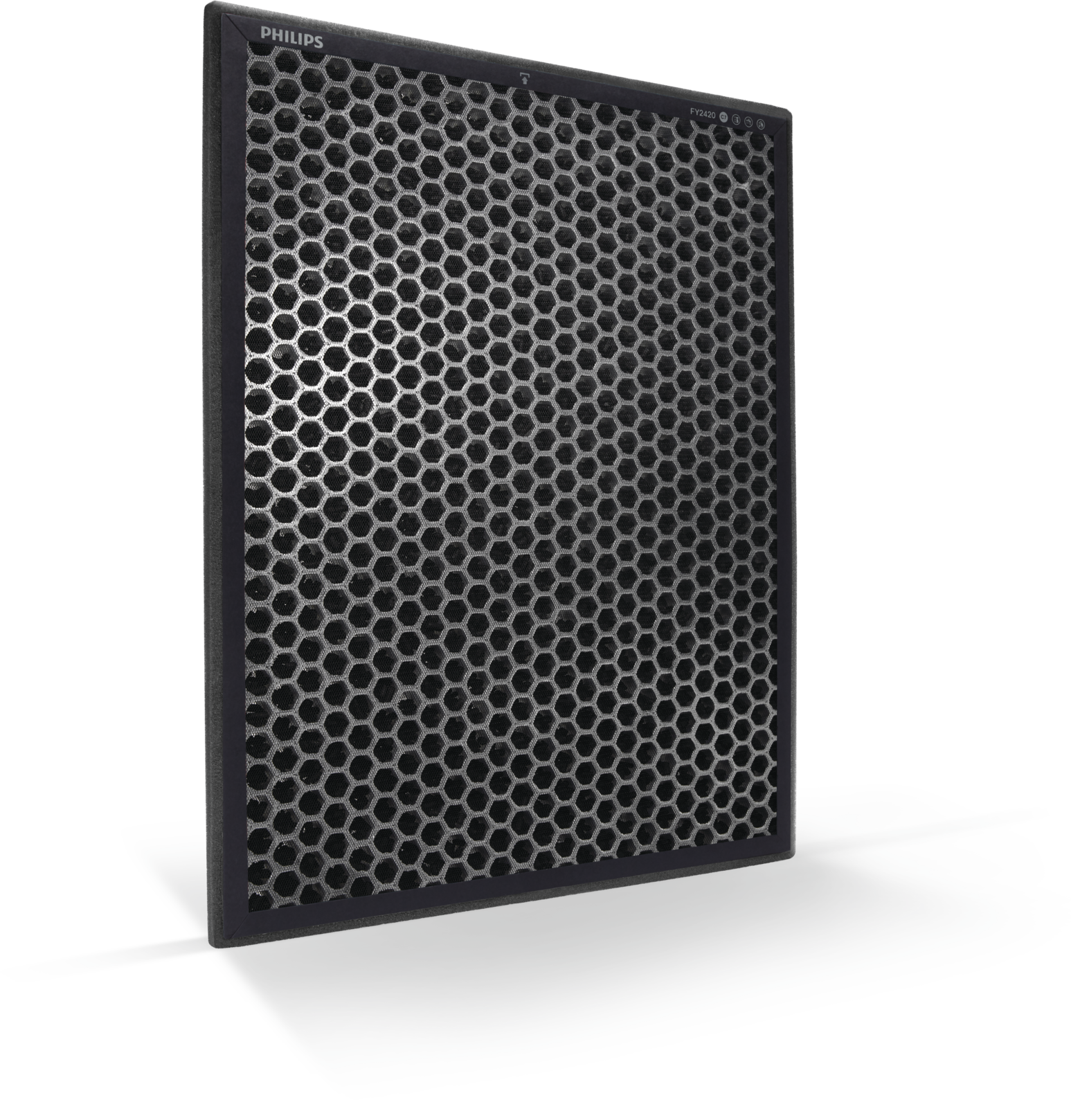Philips luchtreinigerfilter met een zwart frame en honingraatpatroon.