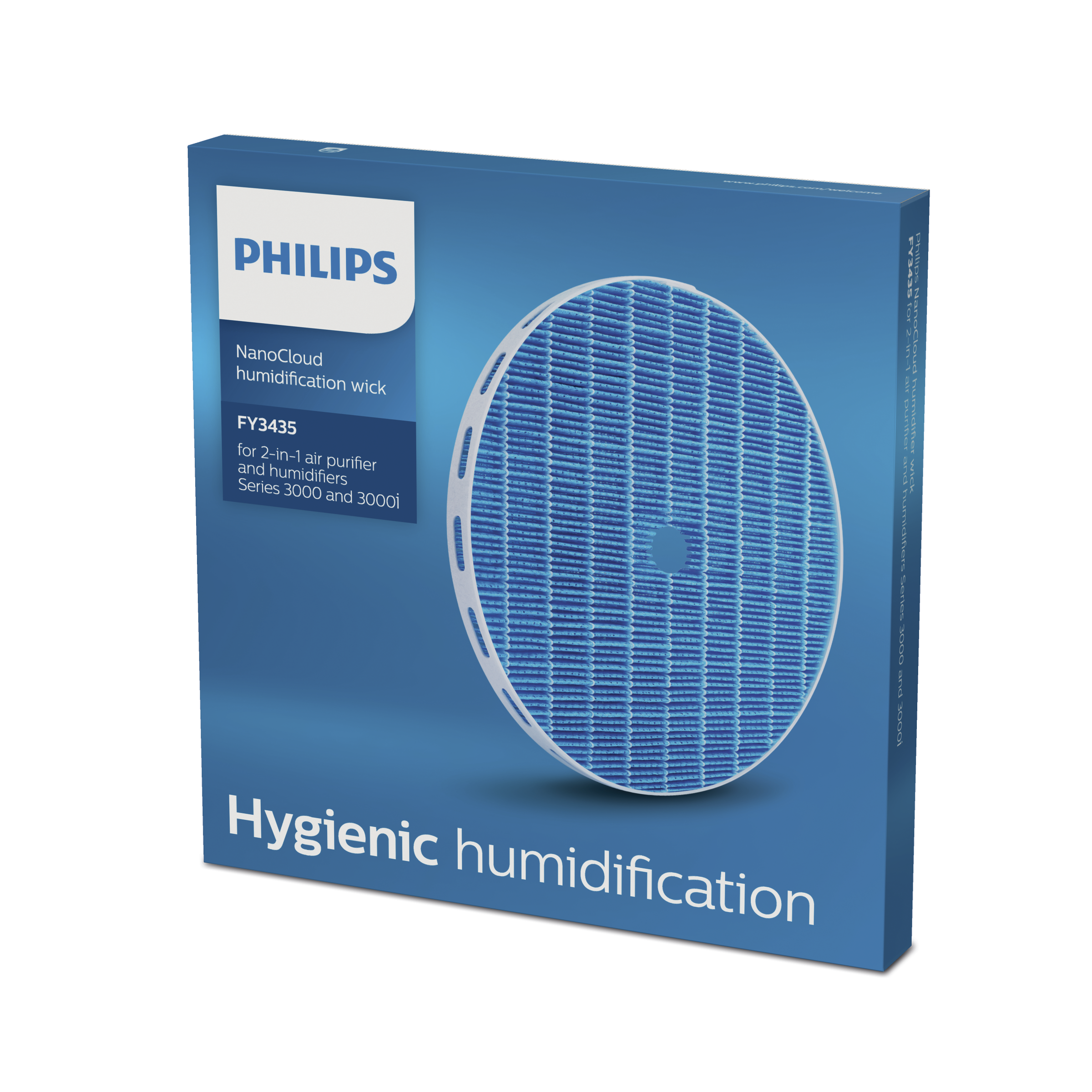 Een blauwe doos met een wit cirkelvormig filter en de tekst 'Hygienische bevochtiging'.