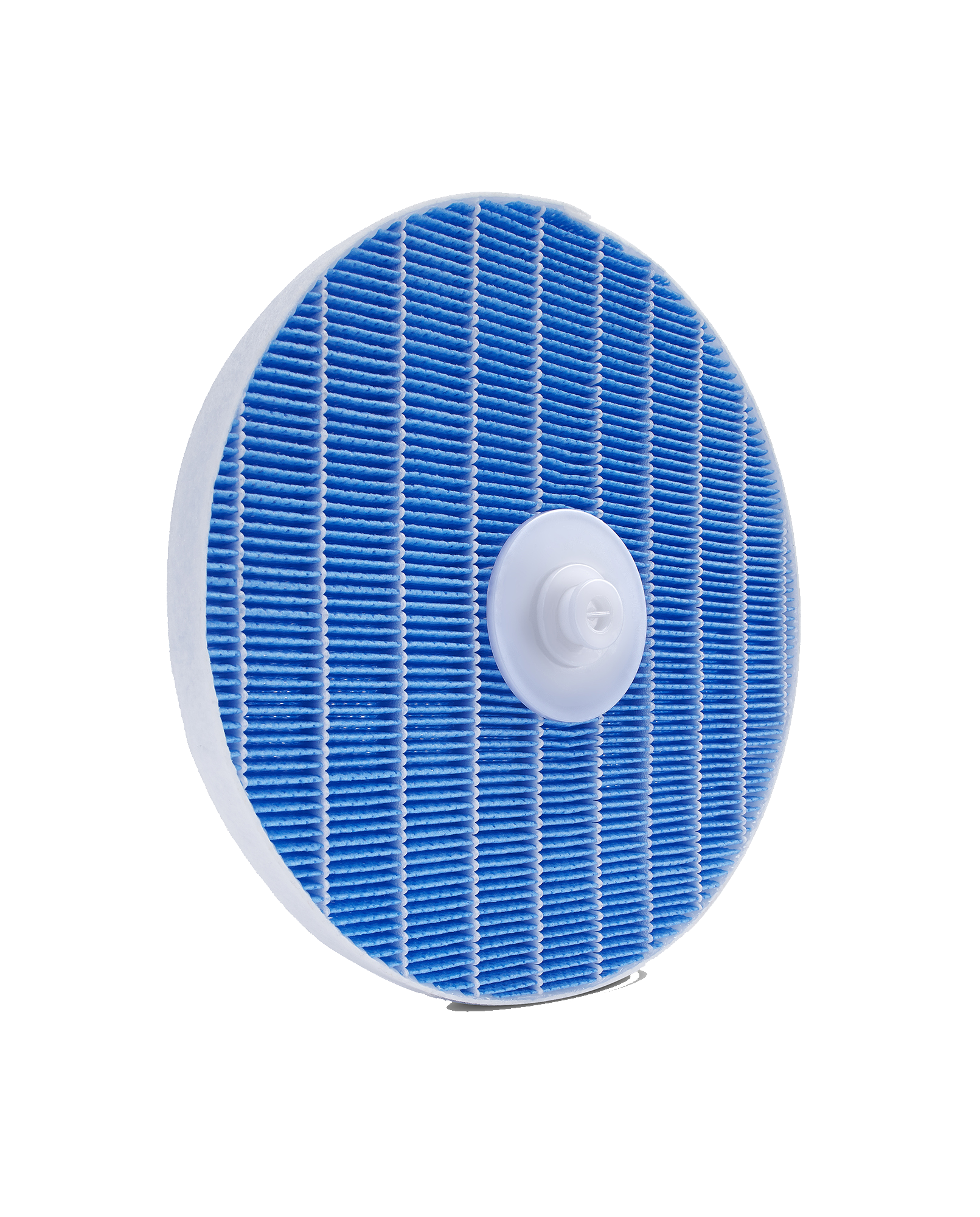 Rond luchtfilter, blauw filtermedium met wit plastic frame en een wit middenstuk.