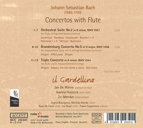 CD-Cover für Johann Sebastian Bach Konzerte. Text ist Hauptfokus mit einigen Noten.