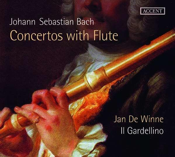 Albumcover mit einer Person, die Flöte spielt. Titel: Concertos with Flute von Johann Sebastian Bach.
