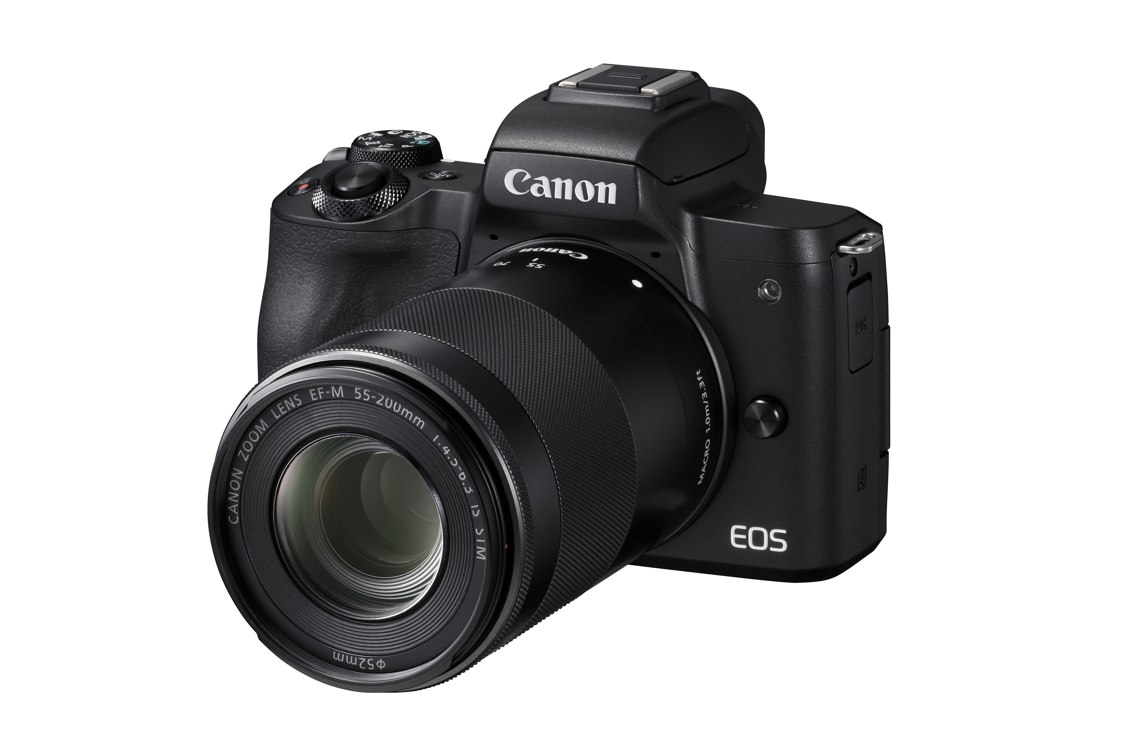 Schwarze Canon Kamera mit Zoomobjektiv, auf weißem Hintergrund.