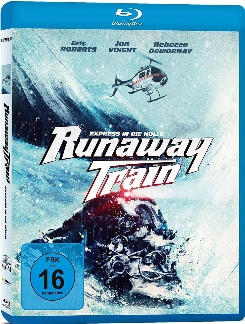 Blu-ray-Filmcover, Runaway Train mit Schauspielernamen und Hubschrauberbild. Blu-ray Disc Logo.