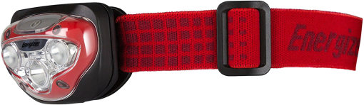Lampe frontale rouge avec boîtier noir et sangle réglable.