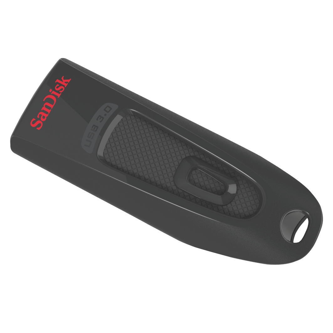 Black Sandisk USB flash drive. The logo is red. The drive has a textured grip.
