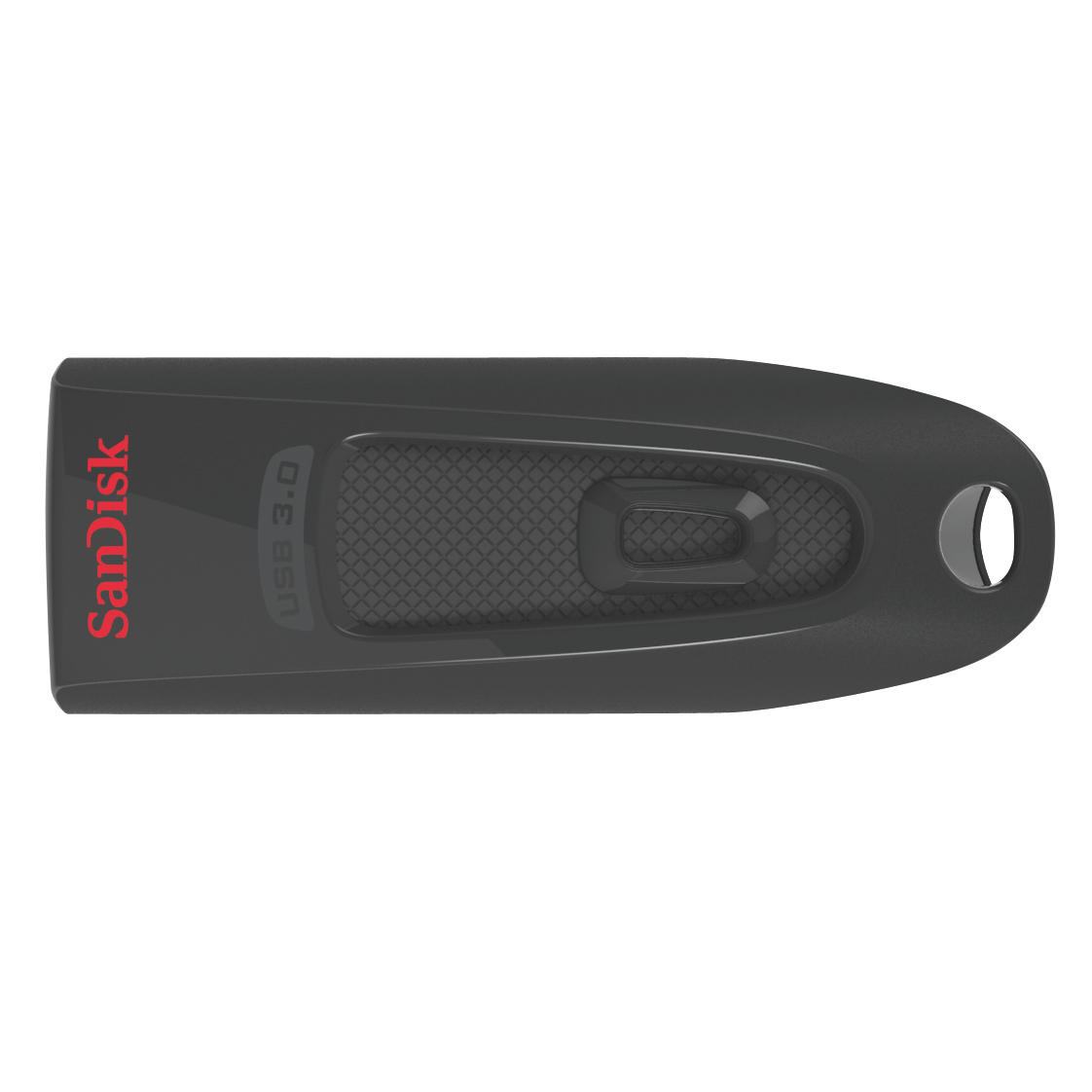 A black SanDisk USB 3.0 flash drive with a red SanDisk logo and a textured grip area.