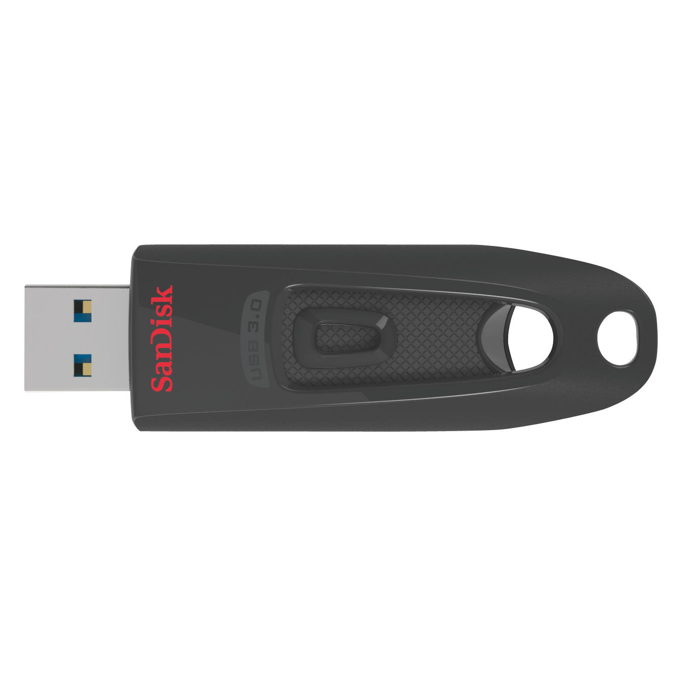 Black Sandisk USB 3.0 drive with red text, on a white background.