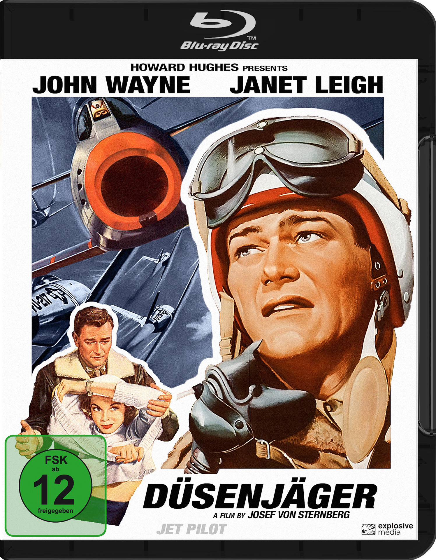 DVD-Cover: 'Jet Pilot' mit John Wayne und Janet Leigh. Zeigt ein Düsenflugzeug und Schauspieler. Enthält ein Label.
