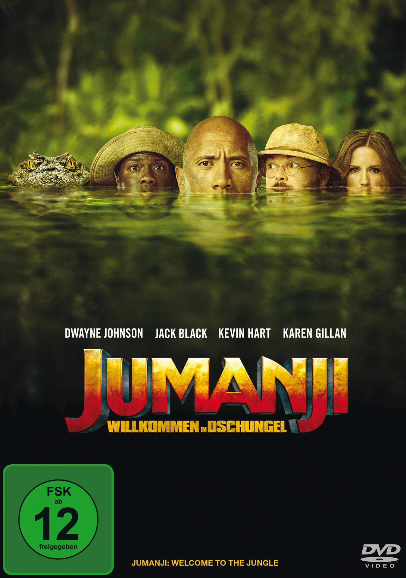 Filmposter für 'Jumanji' mit Dwayne Johnson und anderen in einem Dschungel.