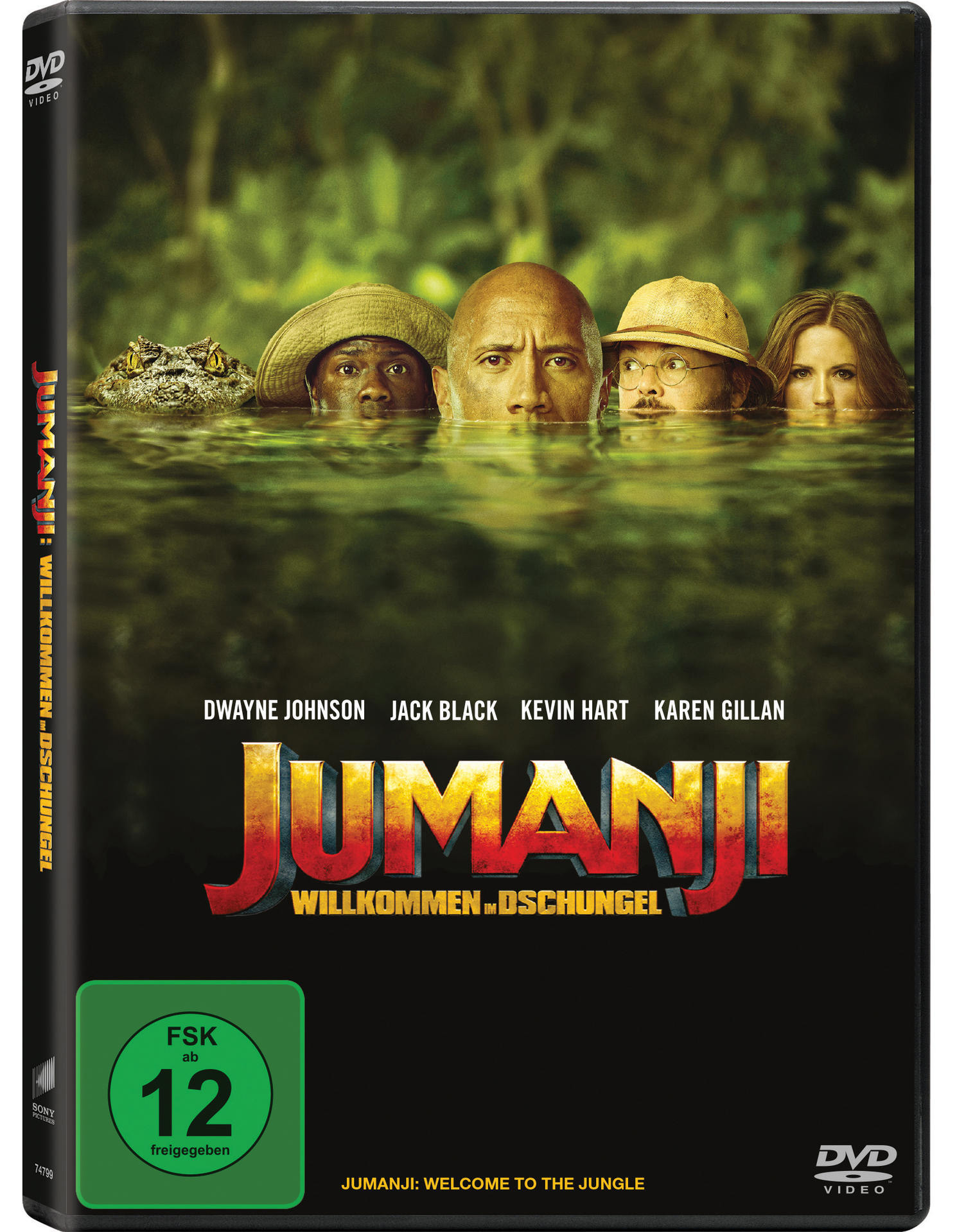 DVD-Hülle von Jumanji: Willkommen im Dschungel. Gesichter der Schauspieler im Wasser. Grünes Bewertungssymbol links.