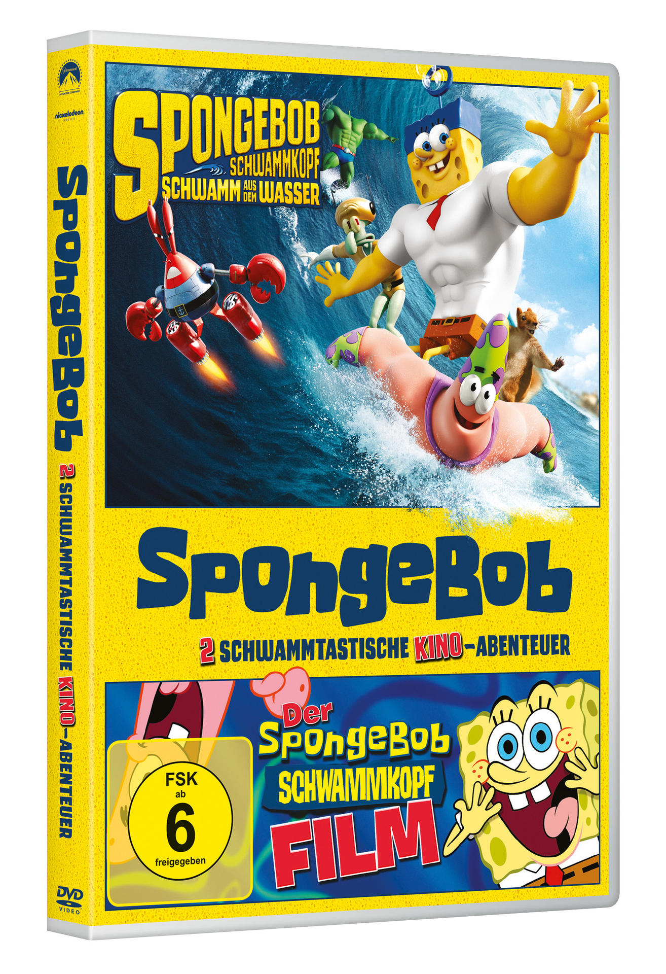 Spongebob DVD-Hülle mit SpongeBob und Freunden auf dem Cover, gelber Hintergrund.