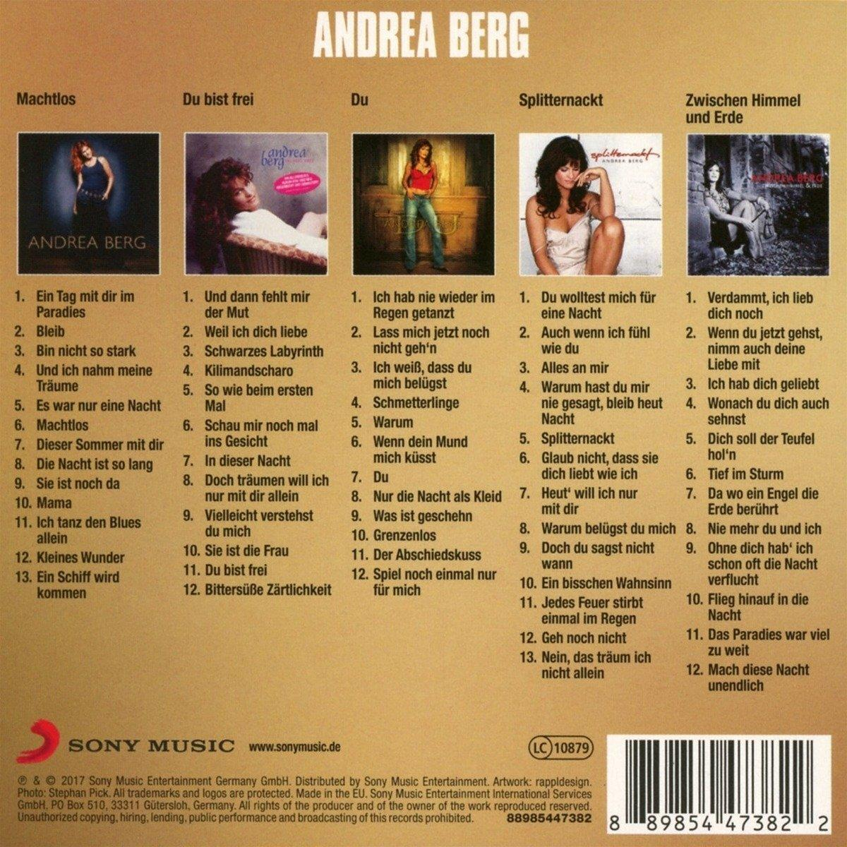 CD-Cover mit Andrea Berg. Mehrere Albumcover, Text und ein Foto.