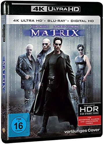 4K Ultra HD Matrix Filmhülle mit vier Figuren, die im Regen stehen.