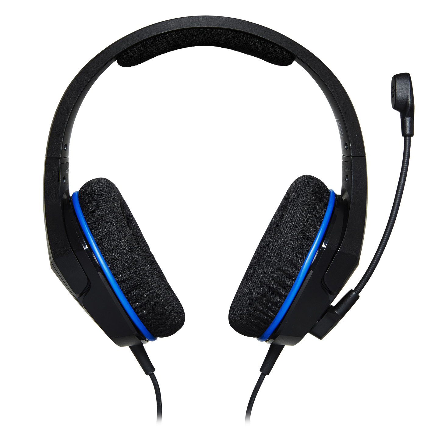 Schwarzes Headset mit blauen Akzenten. Es hat Ohrmuscheln, ein Mikrofon und ein Kabel.