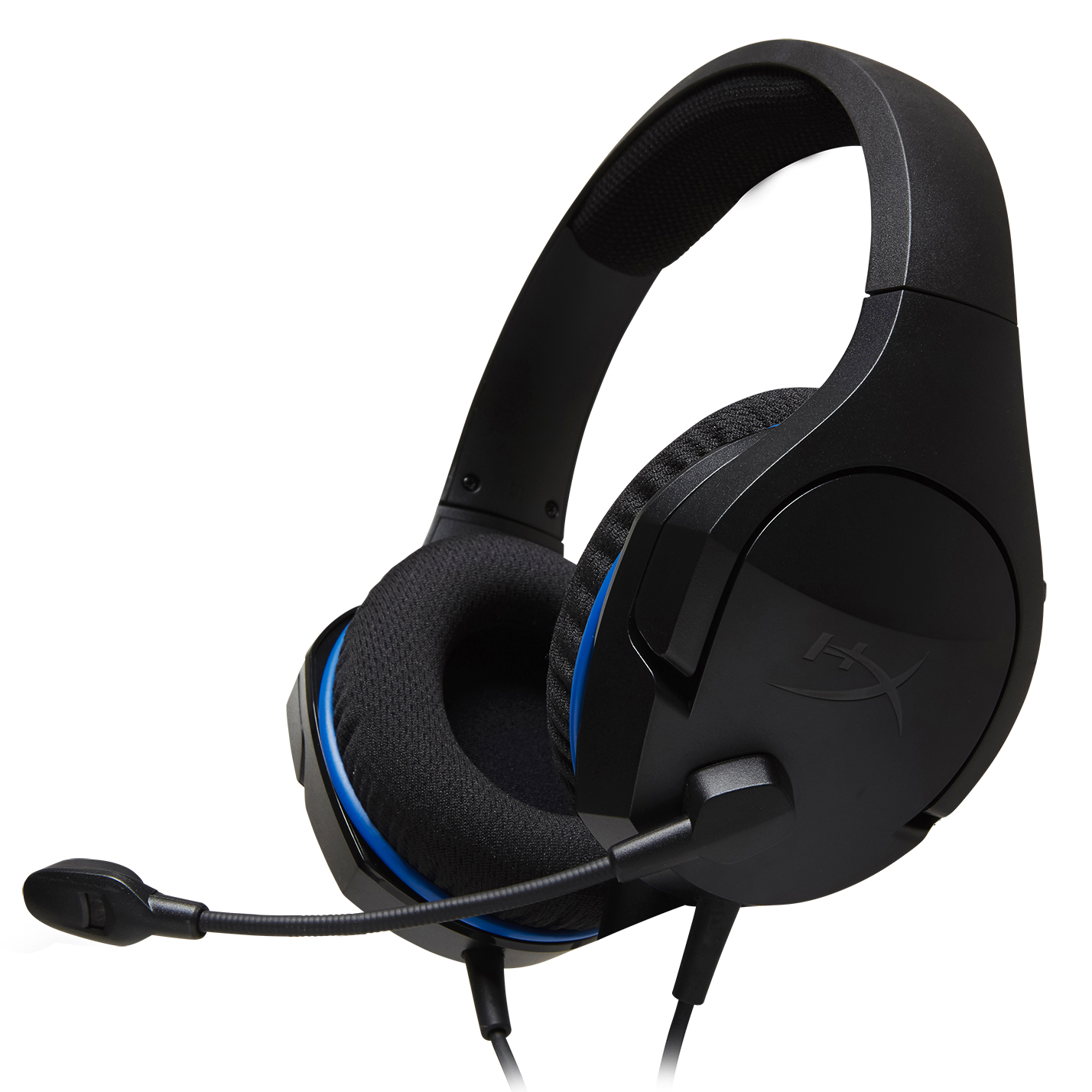 Schwarzes und blaues Gaming-Headset mit Mikrofon und dem HyperX-Logo.