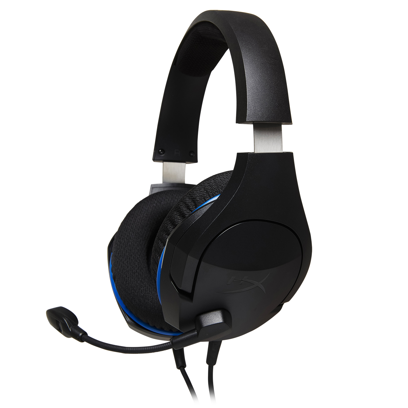 Schwarz-blaues HyperX Cloud Stinger Gaming-Headset mit Mikrofon.
